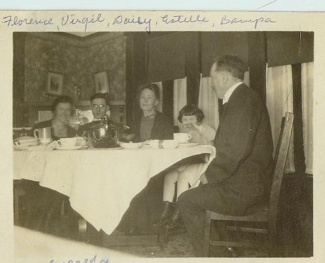 Great-Grandfather, 'Bampa,' Frank Rufus Burlingame at dinner with his daughter, Florence and family